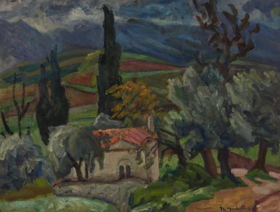 Livadia Landscape, After Rain Heavy Mist — Oil painting, Fiberboard, 50.00×65.00cm — Theodoros Markellos